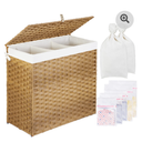 Greenstell Laundry Hamper with Lid, 125L Large Clothes Hamper with 3 Section & 2 Section Removable Liner Bags & 5 Mesh Laundry Bags, Handwoven Synthetic Rattan Divided Laundry Basket