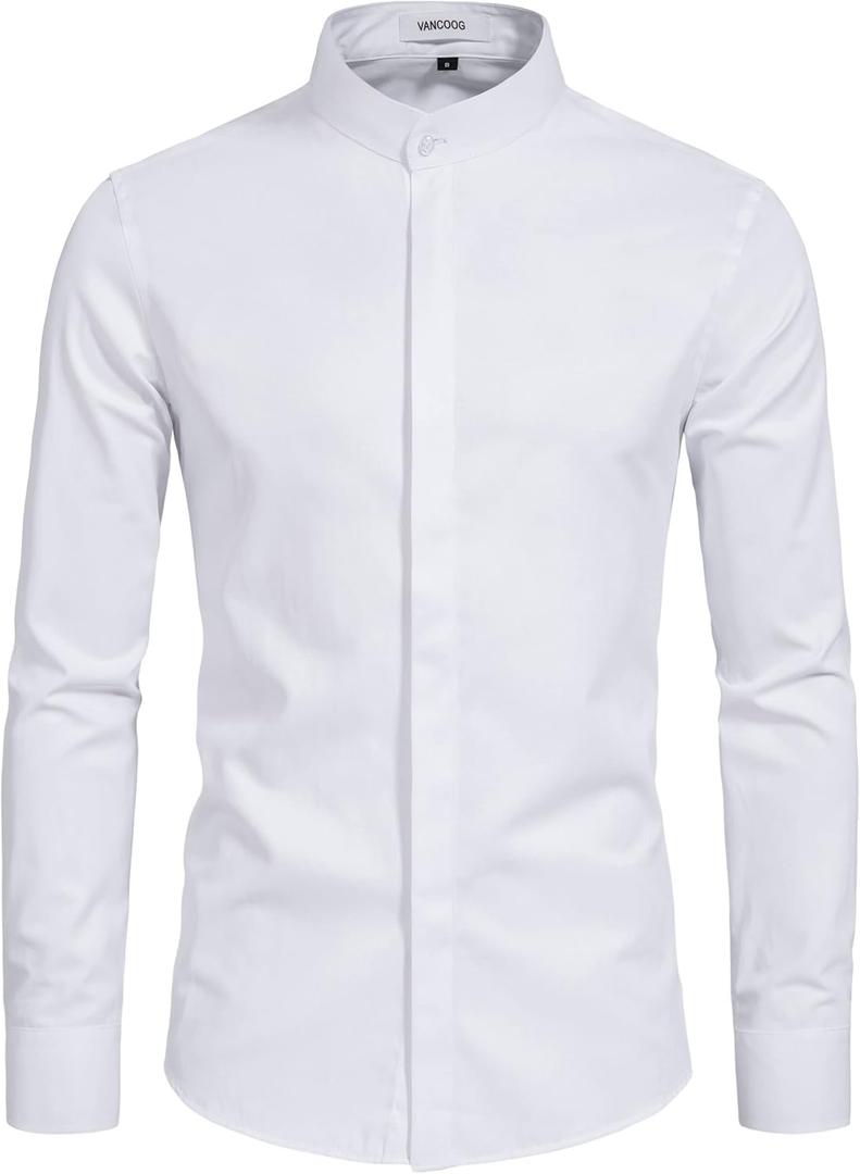 Mens Banded Collar(Mandarin Collar) Long Sleeve Casual Solid Fancy Dress Shirts (Medium, White)