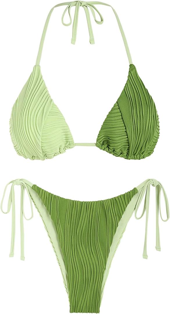 ZAFUL Bikini Sets for Women Halter Two Piece Swimsuit Ribbed High Cut Tie Side Thong Bathing Suit Sexy Padded Swimwear (Small, Green)