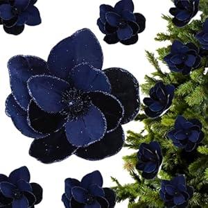 ZHANGBY 12 Pcs Christmas Velvet Poinsettia Flowers Ornaments, Glitter Artificial Magnolia for Xmas Tree Decorations (Deep Blue, 8.8 Inch)