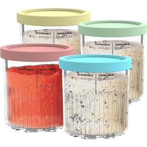 Replacement for Ninja Creami Pints and Lids - 4 Pack NC501, Compatible with Ninja NC501 NC500 Series Creami Deluxe ice Cream Makers, Containers with Leak Proof Lids, Dishwasher Safe (Green, Blue, Pink, Yellow)