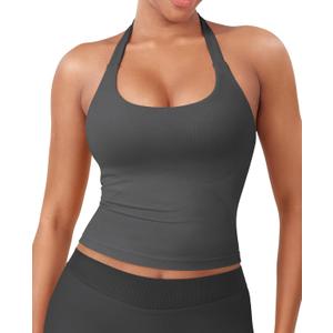 YEOREO SoftHue Women's Impact Halter Tank Top Longline Backless Scoop Neck Built-in Bra Sports Workout Gym Crop Top (Dark Grey), Size Small