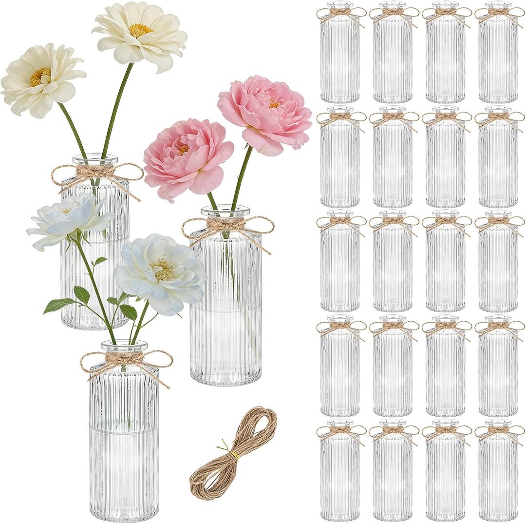Glass Bud Vases Set of 20, Clear Small Flower Vases Bulk with Twines Ropes, Mini Ribbed Vase for Centerpieces, Decorative Glass Vases for Wedding Table, Party, Home Decor