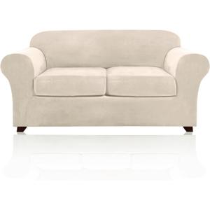 PrinceDeco Velvet Couch Cover Loveseat Covers for 2 Cushion Couch 3 Piece Sofa Covers for Dogs Washable Loveseat Covers Width Up to 72 Inch No Slip Stretch Sofa Slipcover(Medium, Ivory)