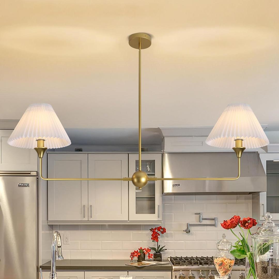 HuisMier Gold Linear Chandelier for Dining Room, 2-Light Modern Linear Kitchen Island Lighting with Off-White Fabric Shade, Farmhouse Pendant Light Fixture for Dining Room Bedroom Living Room
