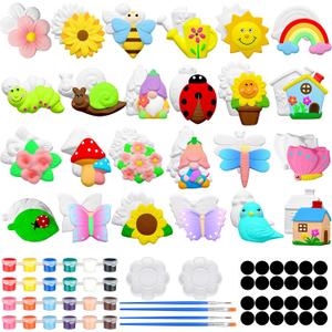 Simgoing 24 Sets Spring Theme Arts and Crafts Set Ceramic Painting Kit Unpainted Paintable Ceramics with 24 Magnet 2 Palette and 4 Brushes, Paint Your Own DIY Figurines