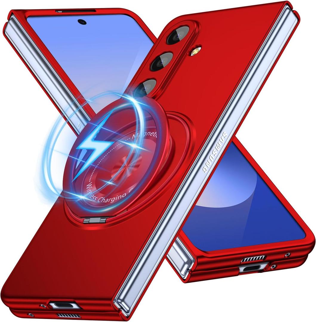 Magnetic Case for Galaxy Z Fold 7 with Rotatable Stand, Matte PC Case for Women Men Girls Boys Drop Protection Shockproof Slim Fit Durable Cover for Galaxy Z Fold 7, Red 13.24
