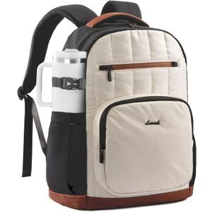 LOVEVOOK Laptop Backpack for Women with Giant Tumbler Holder Pocket,15.6 Inch Puffer Travel College Work Backpack Purse for Teacher Nurse,Casual Laptop Bag Computer Back Pack Daypack,White-Black-Brown