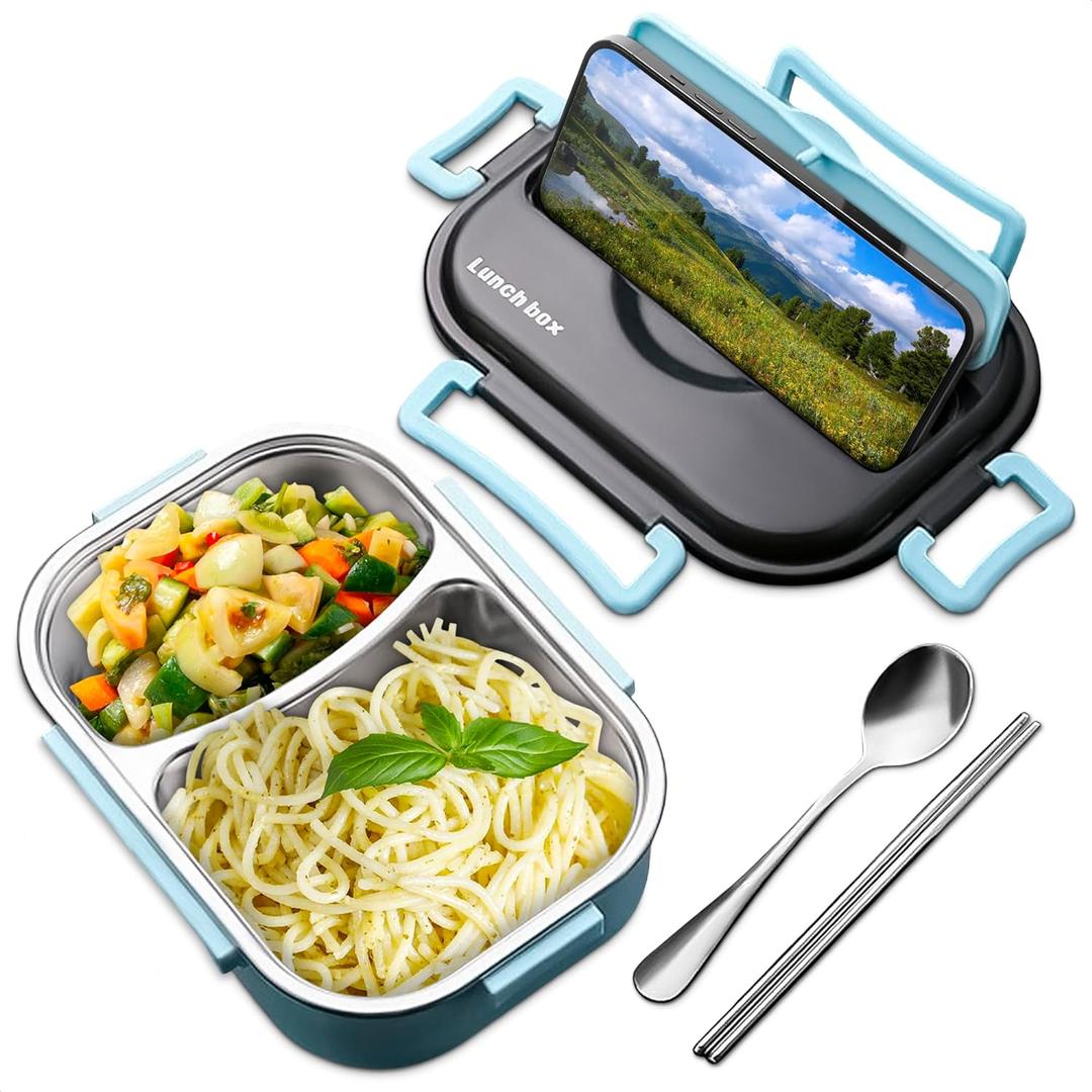48.5-Oz Stainless Steel Bento Box Adult with Phone Stand Reusable Stainless Steel Lunch Box for Hot Food with Durable Plastic & Soft Rubber Cover Hot Food Lunch Container with Spoon & Chopsticks (Blue Bento Box)