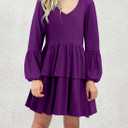 storeofbaby Purple Dress for Girls Casual Long Sleeve Elastic Waist Dresses Purple 8-9 Years (Purple)