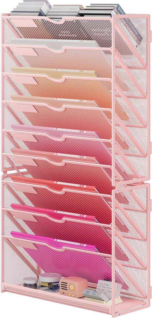 Lavatino 10-Tier Hanging Wall File Folders Organizer - Pink Metal Mesh Paper Magazine Document Mail Holder File Organizer for Office School Home Wall Mount or Desk Supplies Organization