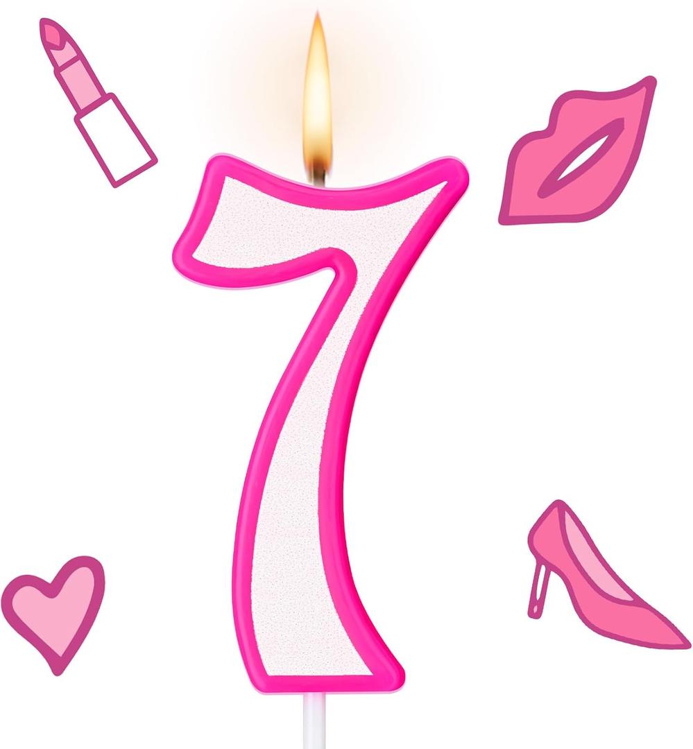 MTLEE Hot Pink Girl Birthday Candle Numeral Birthday Candle Pink and White Birthday Cake Topper for Children Girls Birthday Decoration Princess and Singer Theme Party Supplies(Number 7)