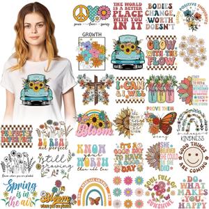 Estune 30 Pcs Summer Floral Iron on Transfers Retro Iron on Decals Patches Vintage Vinyl Heat Transfer Stickers for T Shirt Clothing Jacket Hat Backpacks DIY