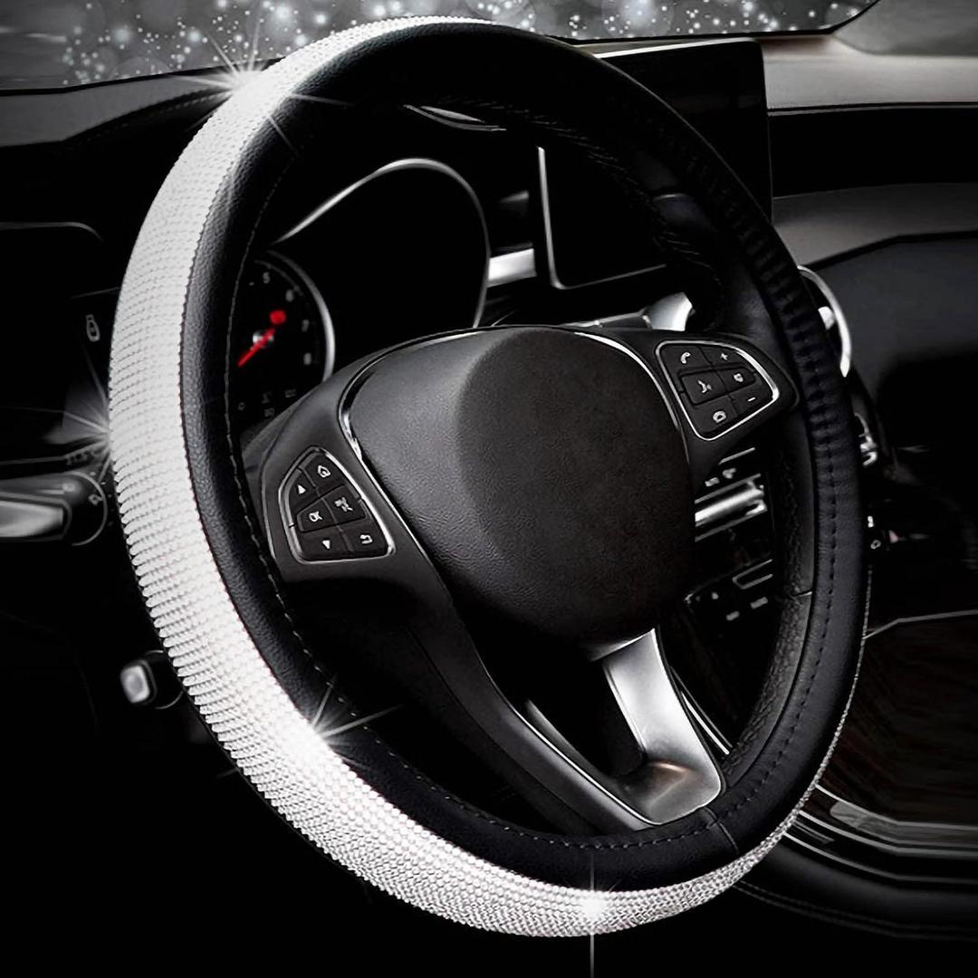 New Diamond+Leather Steering Wheel Cover,Bling Crystal Rhinestones Steering Wheel Cover Universal Fit 15" Car Wheel Protector for Women Girls (Black Leather+White Diamond)