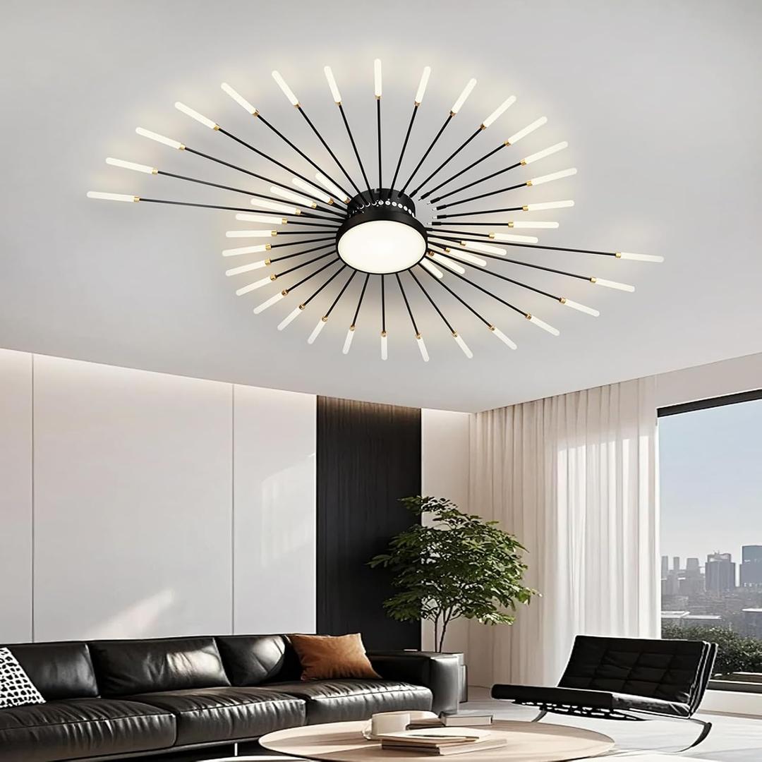 Modern Ceiling Light Flower Shape, Metal Firework Ceiling Lamp with Plug-in LED Source, Lighting Fixture for Living Room Dining Room Bedroom, Natural Light, 50.4 x 41.3 in, Black, 42+1 lights