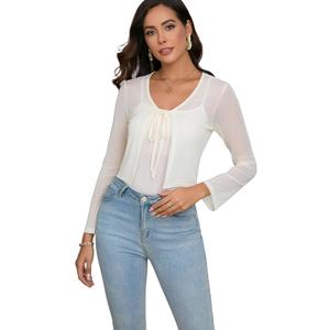 Women's Bolero Sheer Shrug Tie Front Crop Cardigan Lightweight Stretch Long Sleeve Summer Cover Up S-2XL (XX-Large, Apricot)