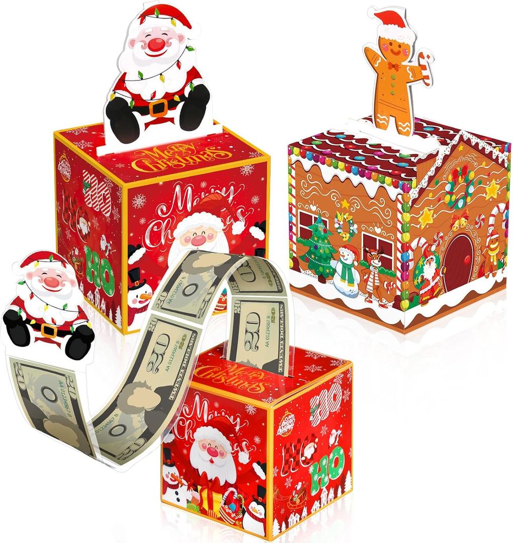 Humyoun 2 Sets Christmas Money Box for Cash Gift Pull Surprise with 30 Transparent Bags Xmas Cash Gift Boxes for DIY Family Friends Christmas Party(Gingerbread House and Santa Claus)