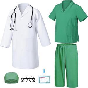 Doctor Costume for Kids Doctor Pretend Dress Up Set Lab Coat with Real Stethoscope Halloween Costume (M(5-6Years), Green)