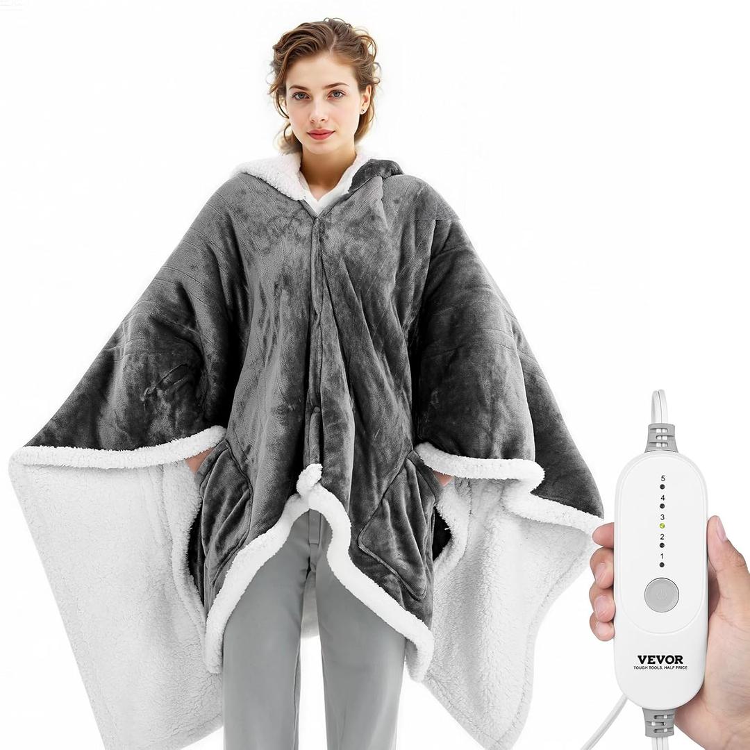 VEVOR Wearable Heated Throw Blanket Electric Shawl, Portable Robe Blanket Hoodie for Women, 5 Heating Levels, 3H Auto Shut-Off, Overheat Protection,Winter for Adult Mom Girlfriend,Machine Washable