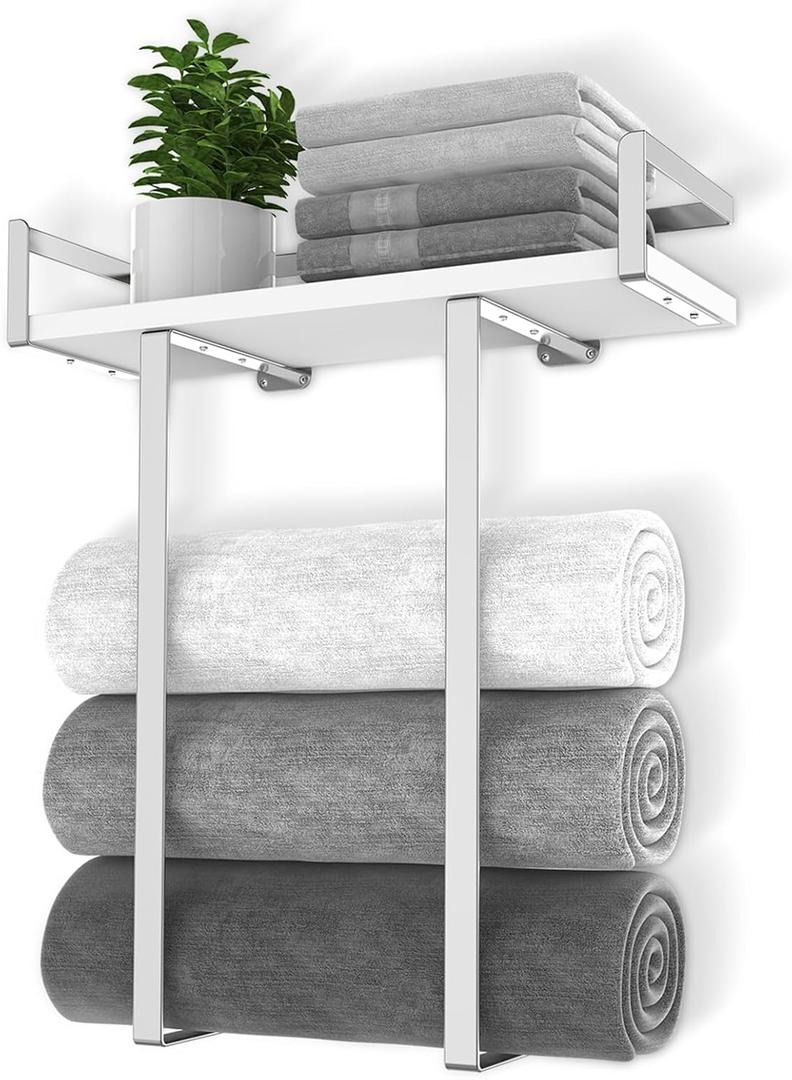 Towel Rack Wall Mounted, Xstydes Metal Towel Holder with Wooden Shelf for Folding Large Towels, Towel Storage for Small Bathroom Organizer Decor or RV Camping, Silver