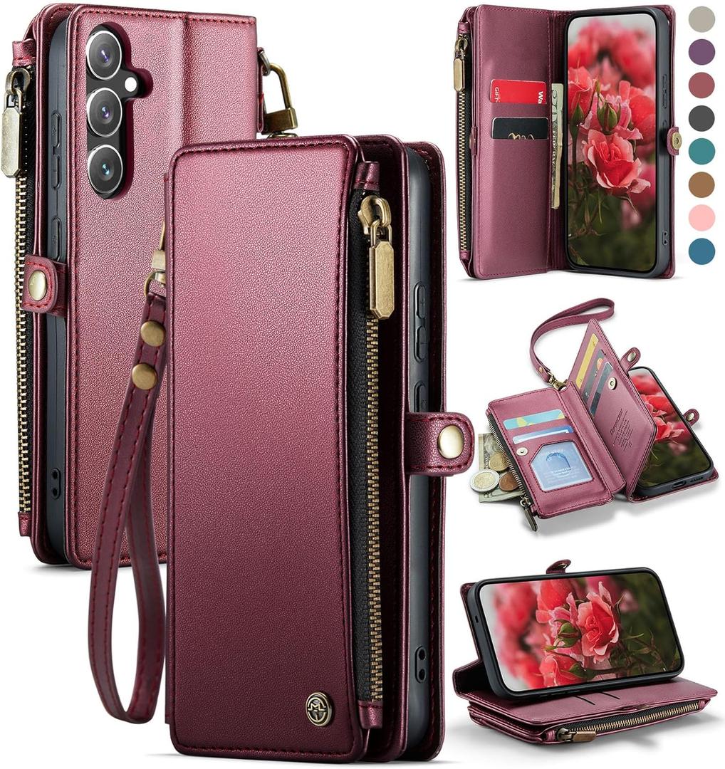 Defencase for Galaxy S25 Case Wallet with RFID Blocking Card Holder for Women Men, Elegant PU Leather Magnetic Snap Flip Wrist Strap Zipper Wallet Phone Cases for Samsung Galaxy S25 5G 6.2", Wine Red