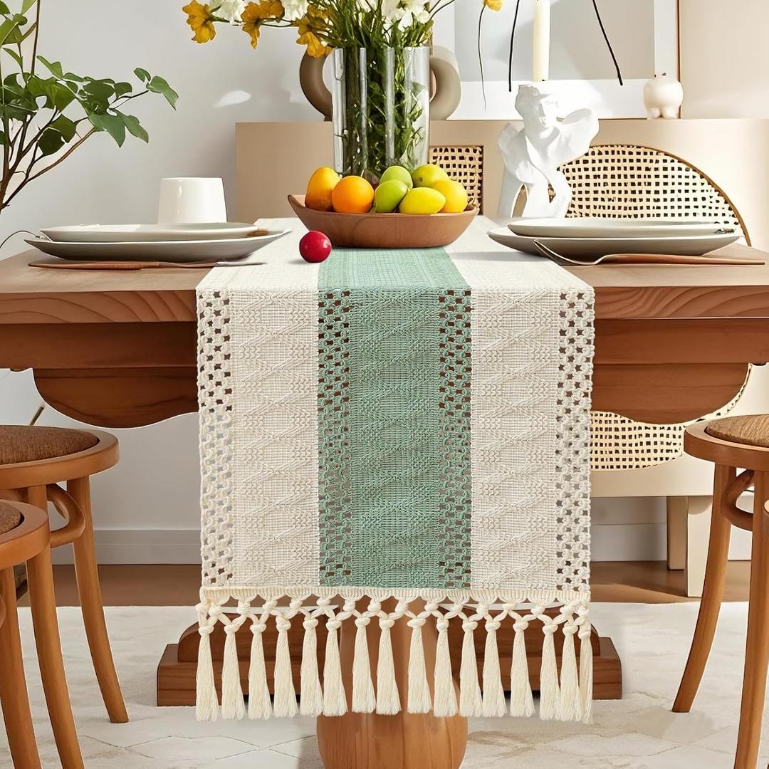 7 x OTOSTAR Boho Table Runner 12x72 Inch Macrame Table Runners with Tassels 72 Inches Long Rustic Farmhouse Table Runner for Living Room Kitchen Dining Room Home Decor (Green)