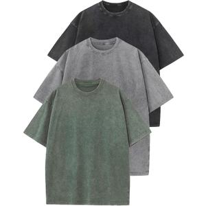 Flygo 3 Pack Men Oversized T Shirts Acid Washed Unisex Tee Loose Fit Short Sleeve Casual Streetwear Baggy Basic Tops(Black+Grey+ArmyGreen 3XL)