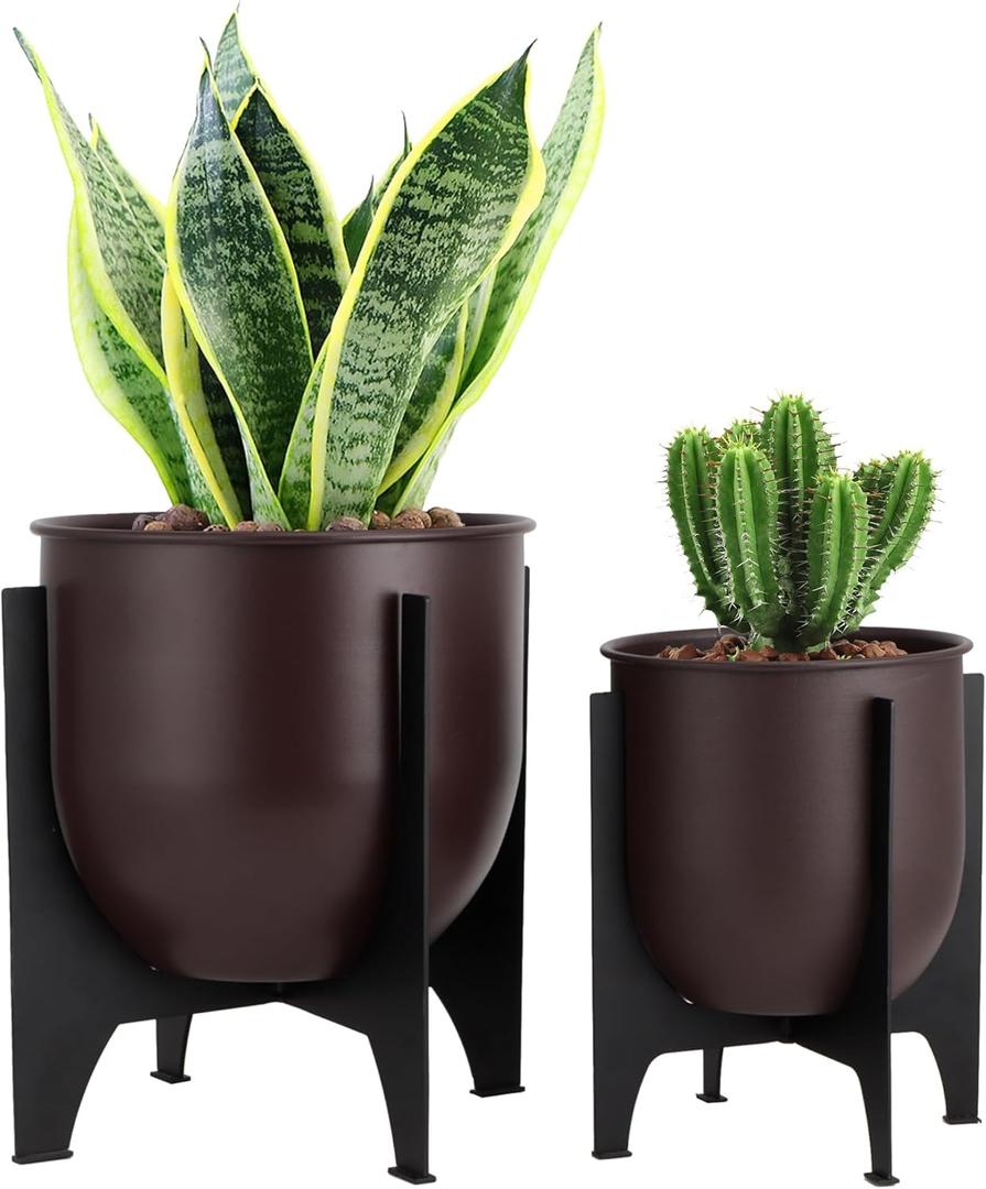 TRIROCKS Set of 2 Planters with Stand Indoor Outdoor Metal Plant Stand 11 &8.5" H Modern Planters Flower Pots for Living Room Corner Kitchen Office Garden Balcony Patio Decor (Brown)