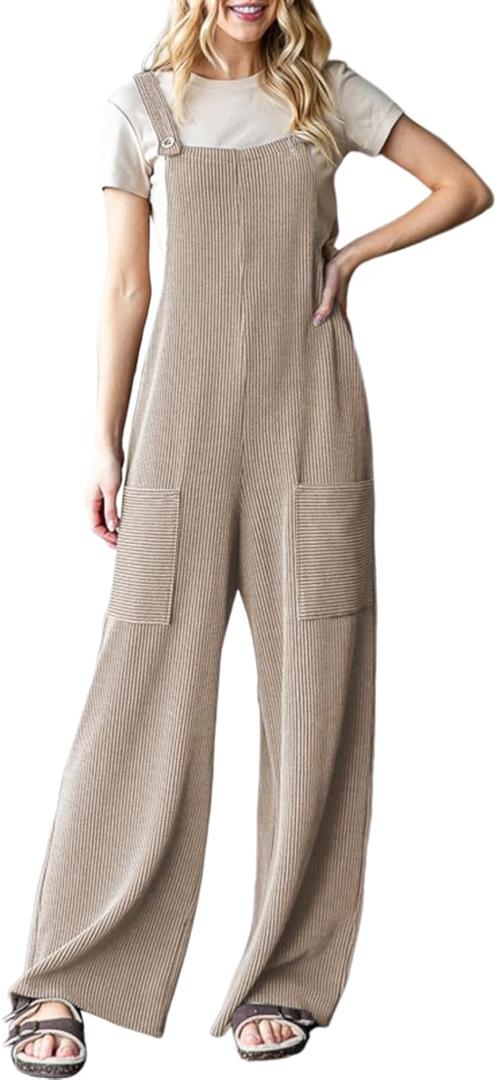 Dokotoo Women's Casual Jumpsuits Ribbed Front Pocket Loose Overalls One Piece Sleeveless Wide Leg Long Pant Rompers (XXL)