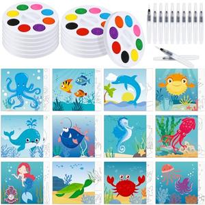 Lincia 12 Set Ocean Sea Animal Pre Printed Canvas Pre Drawn Canvas Painting Kit with Pen and Paints Outline Painting Panels Gift for Beginners, DIY Craft Project, Christmas Birthday Party Favor
