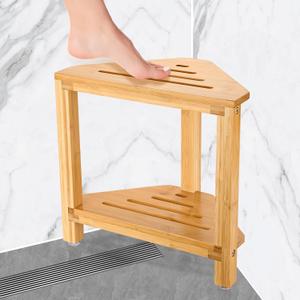 IBosins Corner Shower Stool Shower Foot Rest for Shaving Legs Small Shower Bench for Inside Shower to Sit on Bath Stool with Storage Shelf Shower Accesories - Bamboo Wood