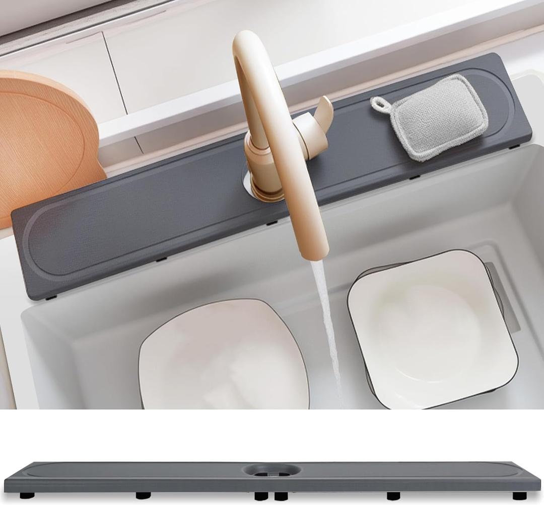 Faucet Mat for Kitchen Sink with Raised Feet, Fast Drying Diatomite Stone Sink Tray, Water Absorbent Faucet & Sink Splash Guard, Prevents Moisture Buildup, Durable Protector for Bathroom Counter (20" x 4", Dark Gray Style 2)