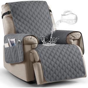 Ruaozz 100% Waterproof Recliner Chair Covers, Non-Slip Reclining Covers for Recliner Chair Washable Chair Cover, Recliner Covers with Pockets for Kids, Dogs, Pets (Dark Grey, 25'')