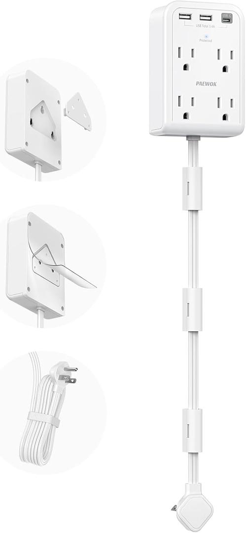 Short Power Strip 2FT - Flat Wall Extension Cord with 4AC Outlet and 3 USB Ports(1 Type C), Multi Plug Outlet Extender Small Surge Protector for Home Office Dorm, White