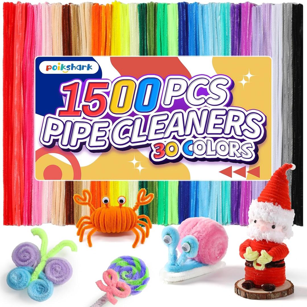 POIKSHARK 1500 PCS 30 Colors Quality Pipe Cleaners Bulk, Thick Pipe Cleaners Craft for DIY Craft Projects, Multicolored Limpia Pipas for Art Supplies & Materials, Rainbow Chenille Stems(12inch*6mm)