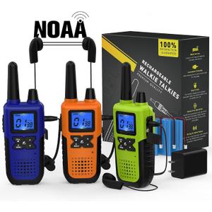 Walkie Talkies Long Range for Adults Rechargeable with Earpiece NOAA Weather Alert, Multi-purpose 2 Way Radio 3 Pack for Team Work Senior Care Kid Adventure Family Camping Hiking Skiing Cruise (Blue Green Orange)