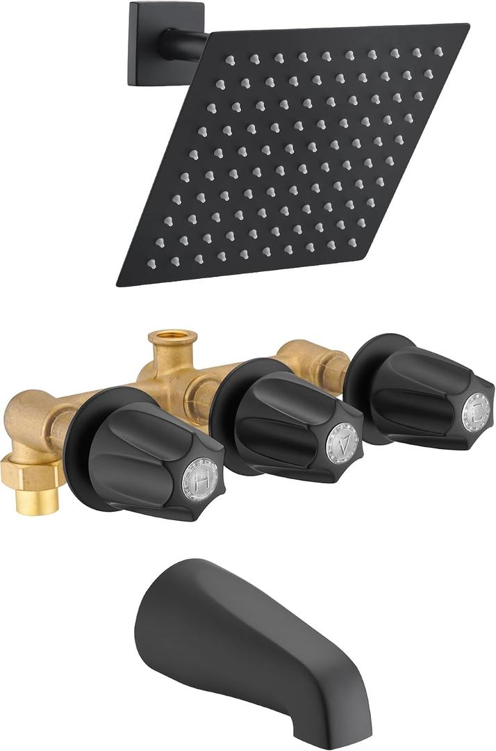 8" Rain Shower Faucet& Bathtub 3 Handle Knob Tub & Shower Rough-In Valve, Included Rough-in Valve, Matte Black