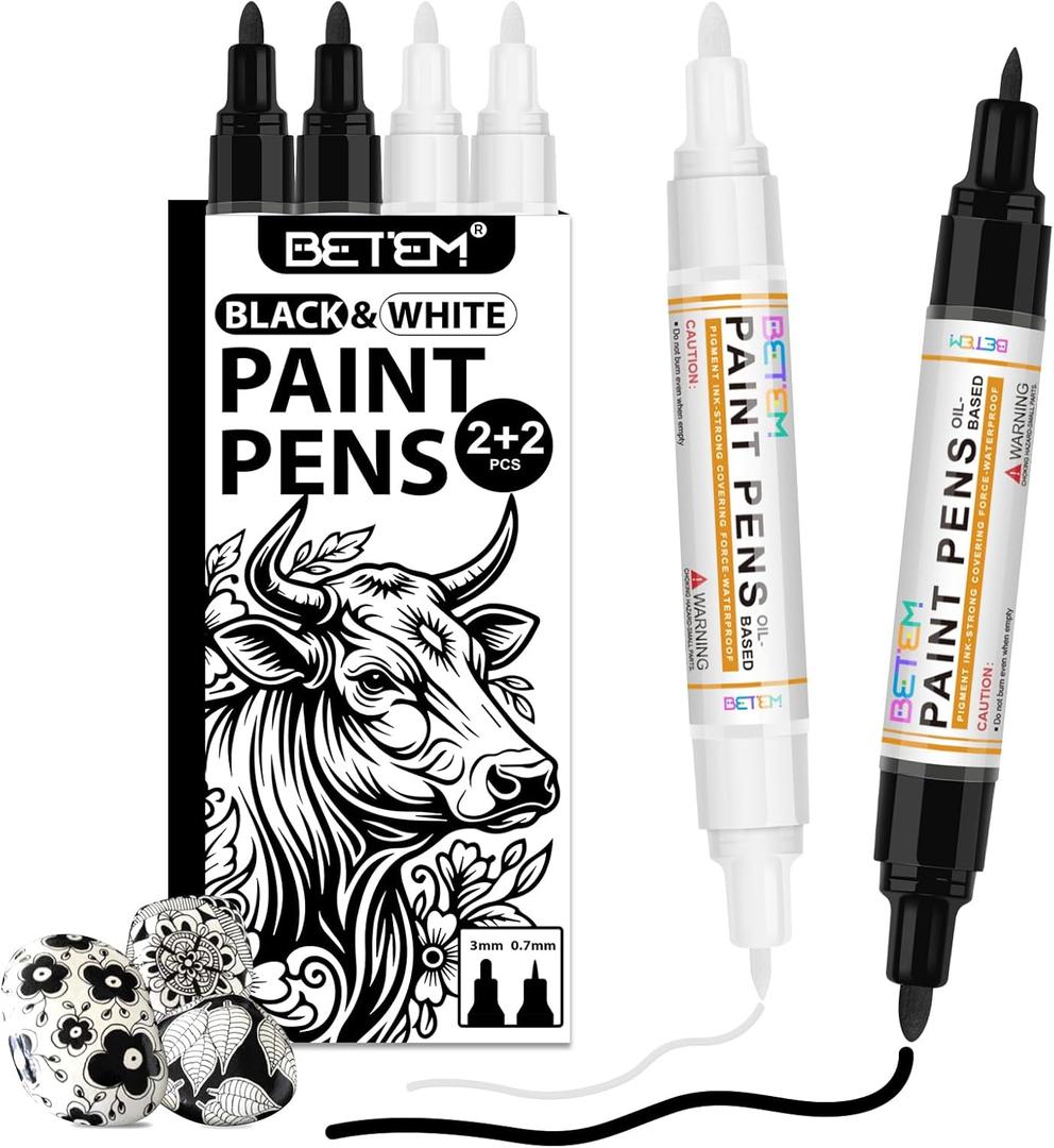 Betem 4 Count Dual Tip Oil Based Black White Paint Pen(0.7mm & 3mm), White Permanent Marker Black Paint Markers, Waterproof, Quick Dry, for Fabric, Rock Painting, Wood, Plastic, Ceramic, Metal, Canvas
