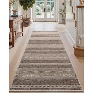 DEXI Hallway Runner Rug 3.3x8, Woven Braided Farmhouse Runner Carpet Indoor, Absorbent Thin Long Entryway Runners for Kitchen, Laundry Room, Patio Entrance, Striped Brown