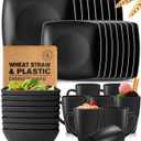 Teivio 32-piece Plastic Kitchen Wheat Straw Square Dinnerware Sets,Service for 8, Unbreakable Dinner Plates, Salad Plates, Snack Bowls, Mugs,Dishwasher Safe,Camping Dishes,Black