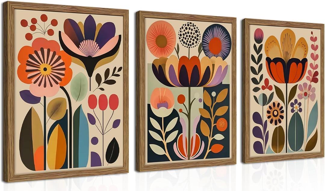 Framed Colorful Floral Wall Art Set of 3, Abstract Scandinavian Flower Canvas Wall Decor Paintings, Mid Century Modern Botanical Artwork Pictures Prints for Living Room Bedroom Dining Room 16x24 Inch, 24L" x 16W"