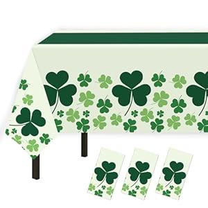 St Patricks Tablecloth for Rectangle Tables, 3 Pack Disposable Plastic 54" x 108" St Patricks Day Decorations, Shamrock Patterned Spring St Patrick's Party Table Cloth for Dining Room Kitchen Decor