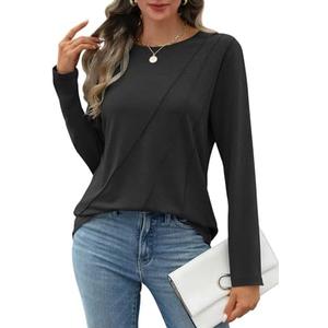 EasyGala Womens Pleated Long Sleeve Shirts Crew Neck Casual Tops Fall Loose Fitting T Shirt M