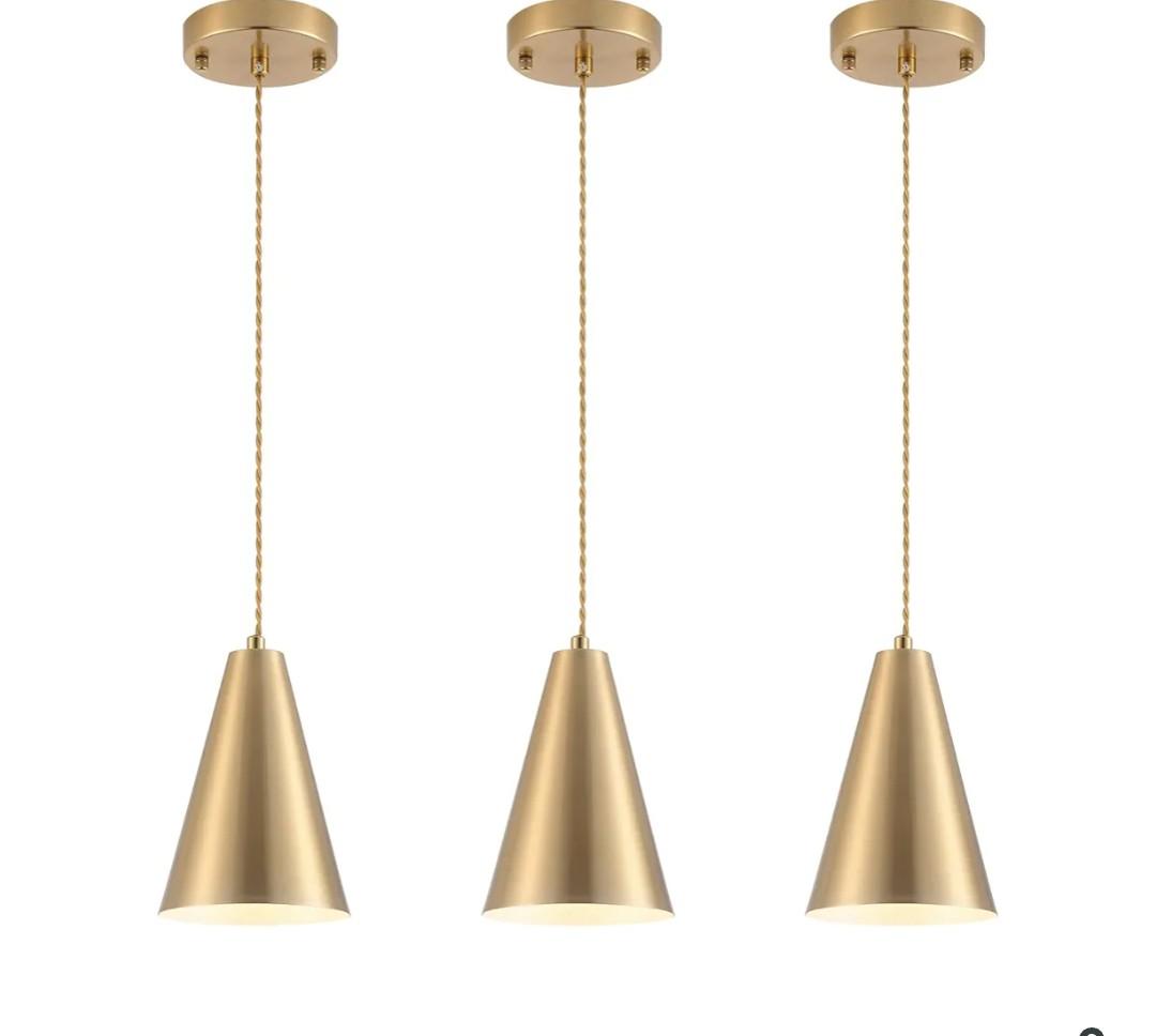 Gold Pendant Lights Kitchen Island,Dining Room Light Fixtures Over Table 3 Pack with Brushed Brass Cone Metal Shade, Modern Farmhouse Mini Chandeliers,Adjustable Cord Hanging Lighting for Bar,Sink
