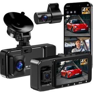 3 Channel 4k Dash Cam Front and Rear and Inside, Car Mount Dash Camera with WiFi, 64GB Card, Night Vision, App Control, Loop Recording, G-Sensor, 24h Parking Mode, 3" IPS Screen