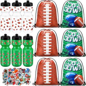 12 Pcs 24 Oz Football Water Bottle Bulk Drawstring Bag and 50 Sticker Set Include 6 Football Theme Squeeze Water Bottle 6 Drawstring Backpack for Team Gifts Sport Events Party Favors