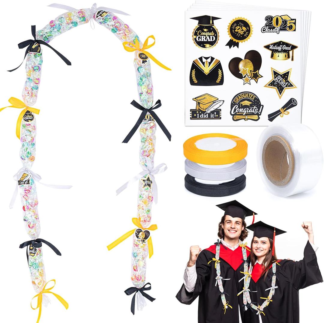 Graduation Candy Lei Making Kit-394 Ft Candy Leis for Graduation 2025 Graduation Leis Decor with 3 Rolls of Black/Gold/Silver Ribbons and 200 Graduation Stickers for Graduation Party Gift