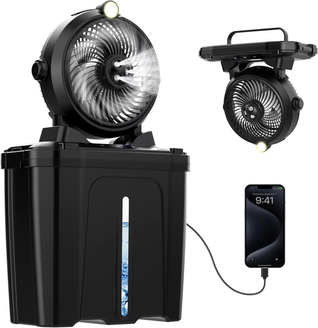 Misting Fan Portable with 11L Bucket for Outdoor Patio, 20000mAh USB Rechargeable Battery Camping Fan, 3 Powerful Wind Speeds, 3 Spray Nozzles, Hanging & Lighting Mister Cooling Fans (Large)