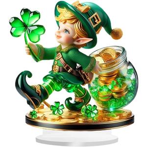 St Patricks Day Leprechaun Figurines Decorations Irish Shamrock St. Patricks Leprechaun Statue Clover Acrylic Resin Figurine Gifts for Spring Home Indoor Table Desk Shelf Holiday Decor 7.51x7.87in
