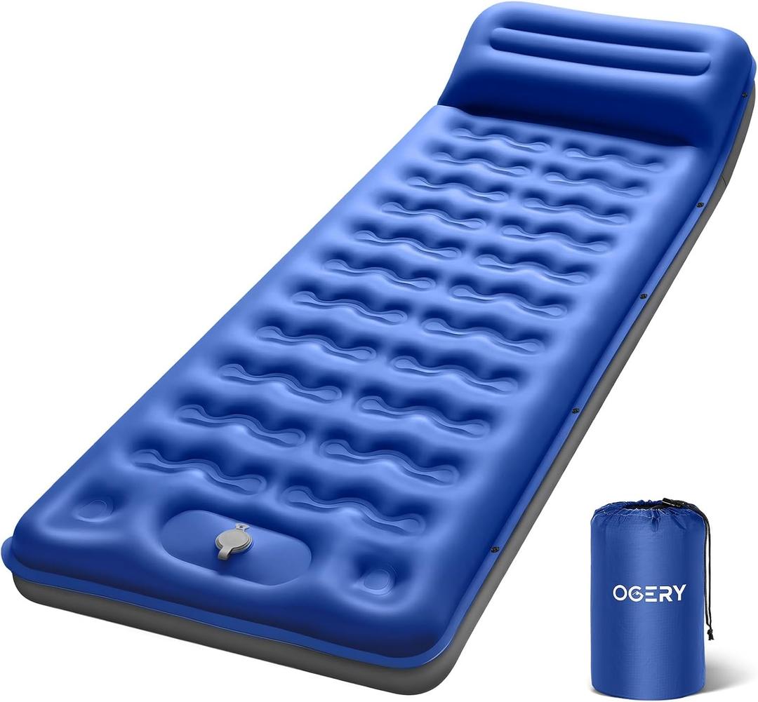 OGERY Sleeping Pad, Ultralight Inflating Sleeping Pad for Camping with Pillow Built-in Foot Pump, 6" Extra-Thick Reinforced Camping Pad for Hiking, Backpacking, Tent, Single,Blue